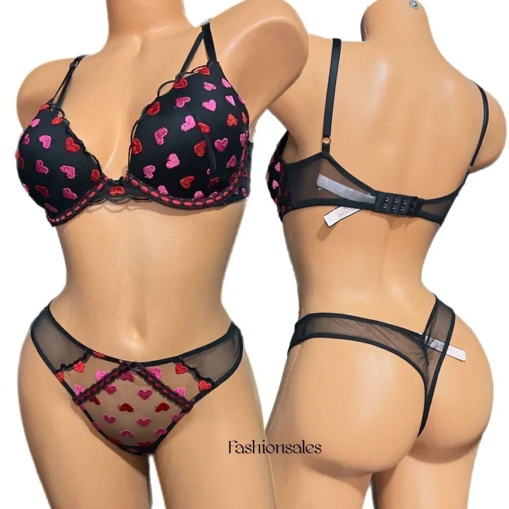Victorias Secret Set Dream Angels Push up Heart Embroidered bra & thong black